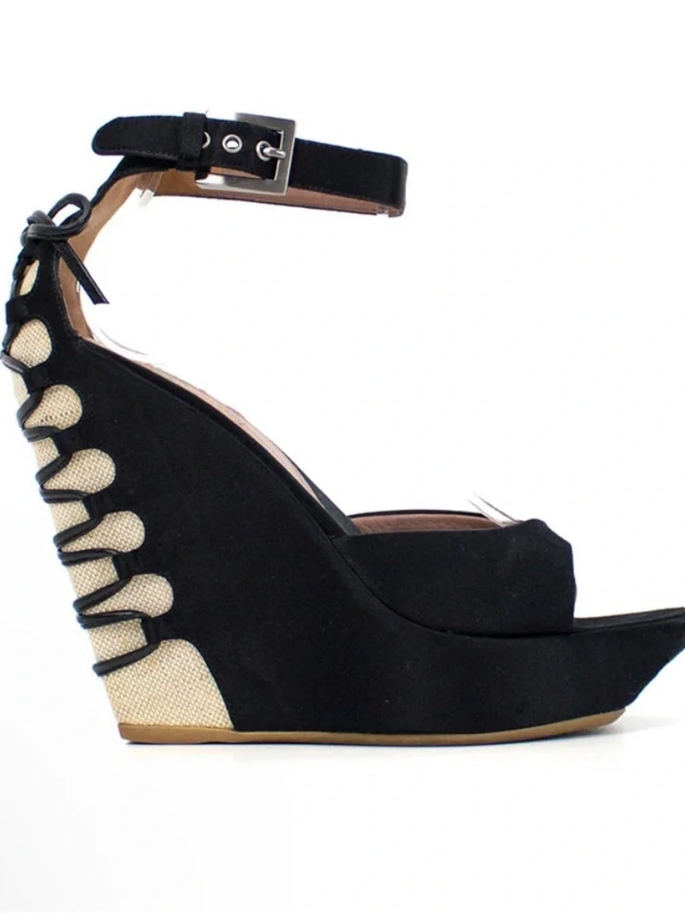 Alaia Black Suede Platform Wedge Sandals with Natural Raffia Inset
